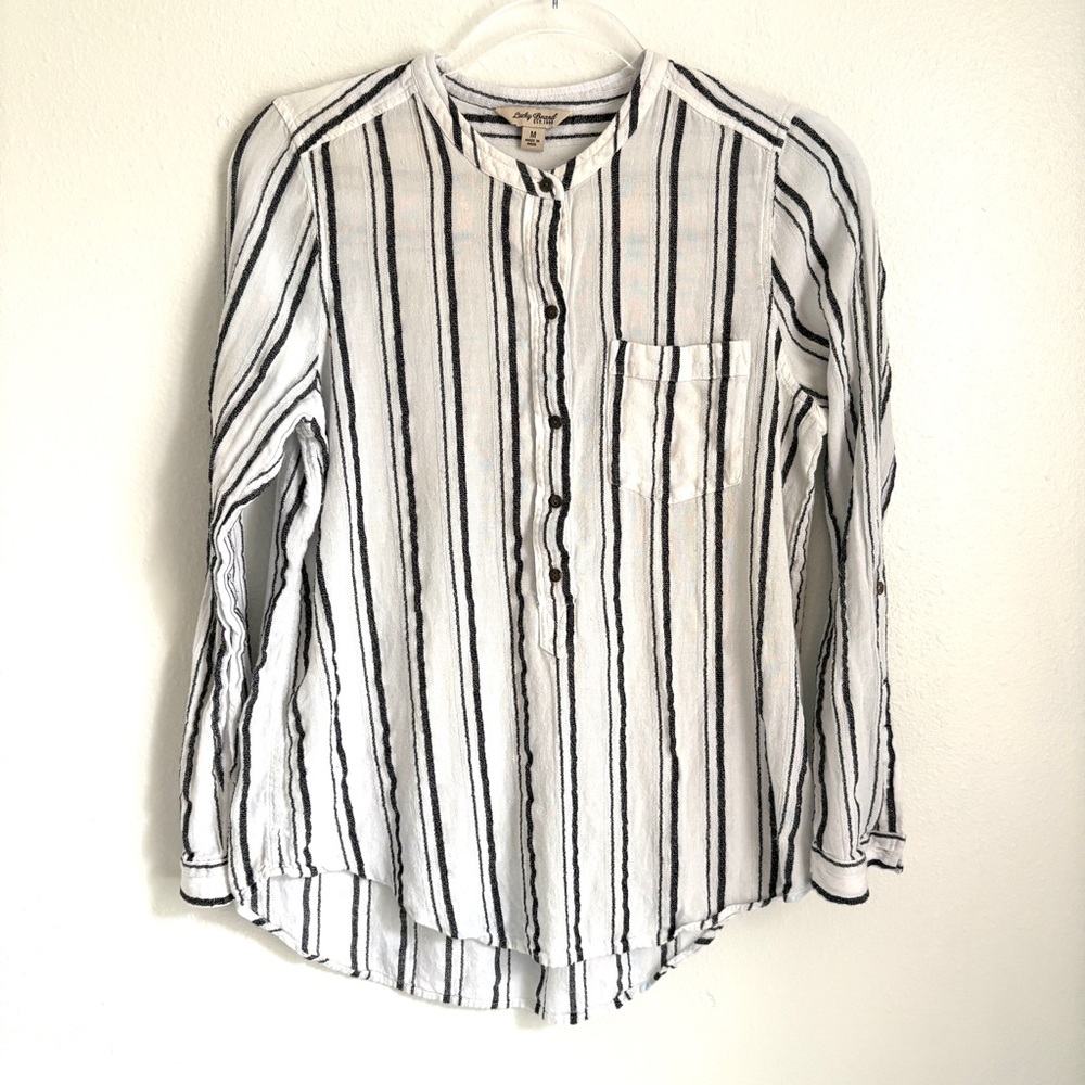 Lucky Brand | Womens Viscose Long Sleeve White Black Striped Button Shirt Size M